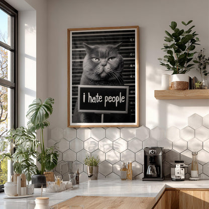 Grumpy Cat Mugshot Print | Introvert Wall Art | Funny Black and White Poster | I Hate People Sign | Quirky Office Decor