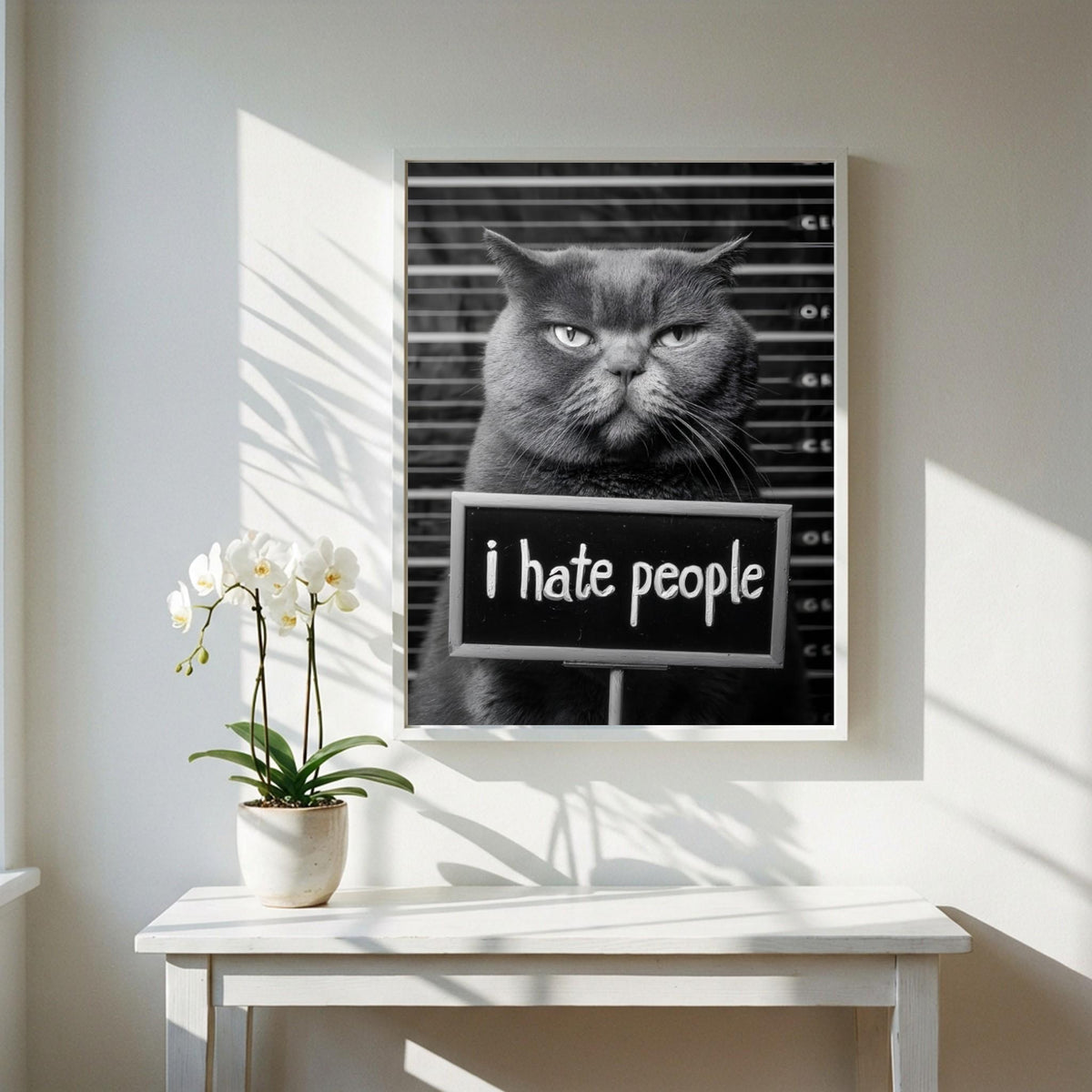 Grumpy Cat Mugshot Print | Introvert Wall Art | Funny Black and White Poster | I Hate People Sign | Quirky Office Decor