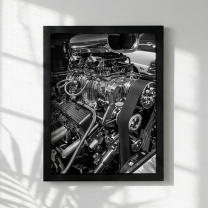 Chrome Engine Print | Hot Rod Motor Poster | Black and White Car Art | Edgy Garage Decor | Muscle Car Wall Art