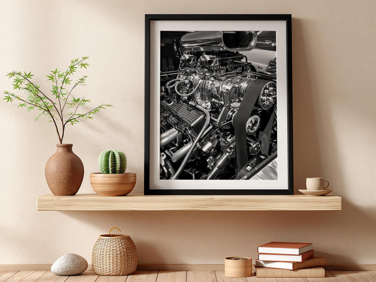 Chrome Engine Print | Hot Rod Motor Poster | Black and White Car Art | Edgy Garage Decor | Muscle Car Wall Art
