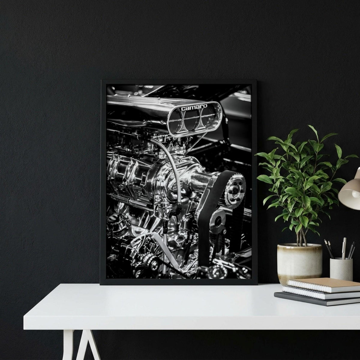 Camaro Engine Print | Muscle Car Wall Art | Black White Garage Decor | Edgy Mechanic Poster | Hot Rod Automotive Art