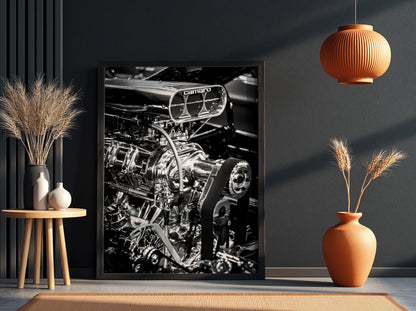Camaro Engine Print | Muscle Car Wall Art | Black White Garage Decor | Edgy Mechanic Poster | Hot Rod Automotive Art