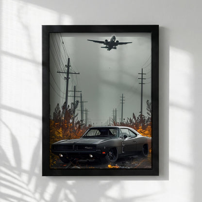 Classic Muscle Car Print | Dark Cinematic Poster | Airplane Wall Art | Edgy Garage Decor | Urban Industrial Art