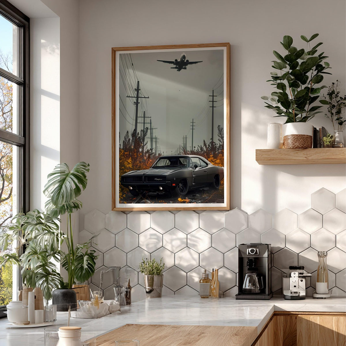 Classic Muscle Car Print | Dark Cinematic Poster | Airplane Wall Art | Edgy Garage Decor | Urban Industrial Art