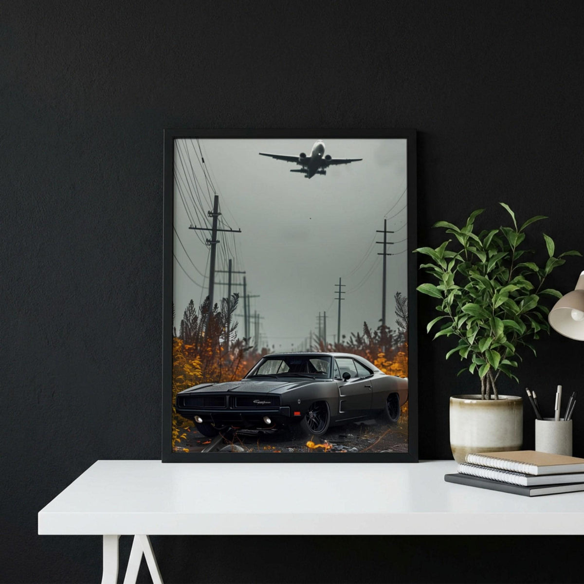 Classic Muscle Car Print | Dark Cinematic Poster | Airplane Wall Art | Edgy Garage Decor | Urban Industrial Art