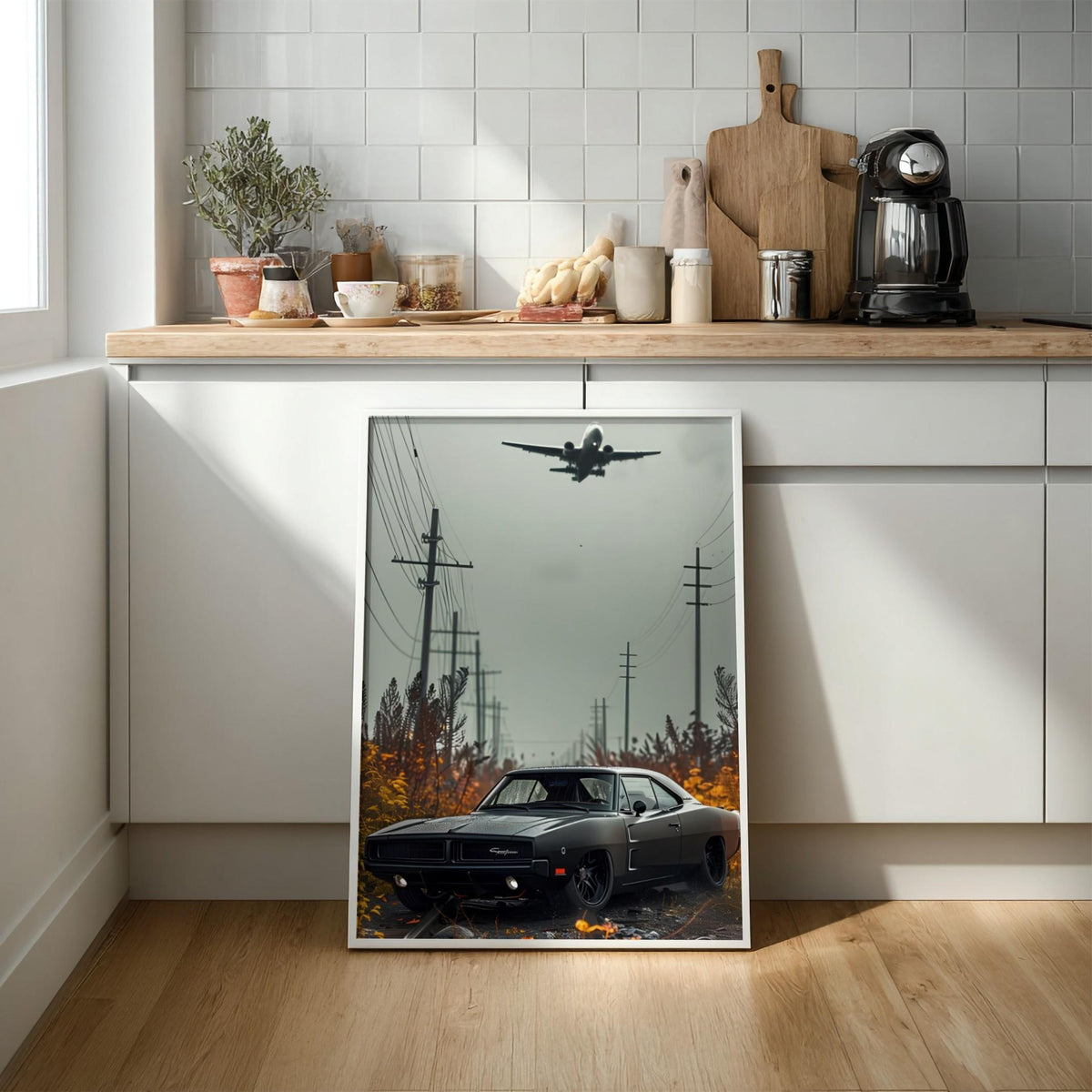 Classic Muscle Car Print | Dark Cinematic Poster | Airplane Wall Art | Edgy Garage Decor | Urban Industrial Art