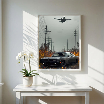 Classic Muscle Car Print | Dark Cinematic Poster | Airplane Wall Art | Edgy Garage Decor | Urban Industrial Art