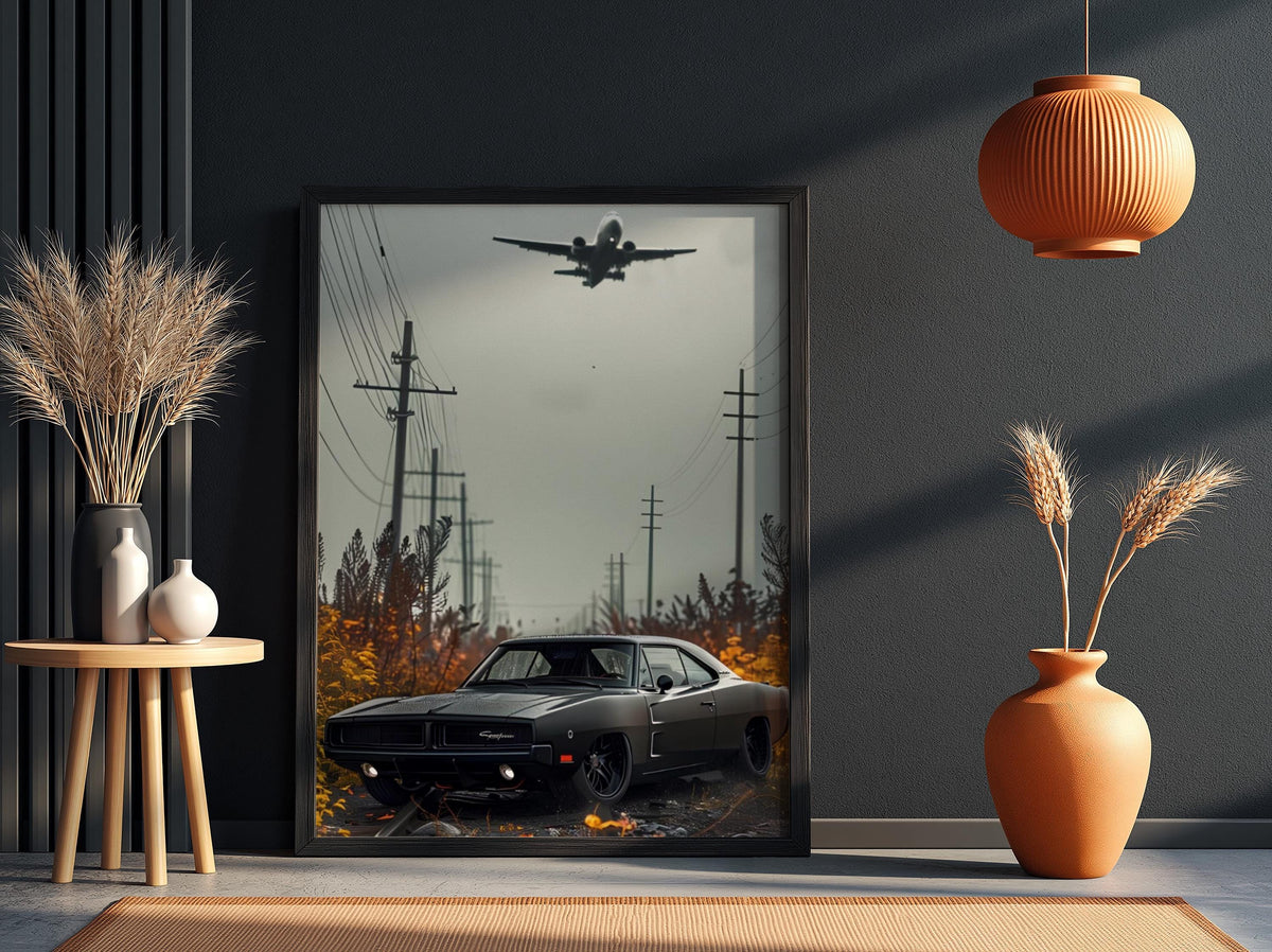 Classic Muscle Car Print | Dark Cinematic Poster | Airplane Wall Art | Edgy Garage Decor | Urban Industrial Art