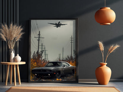 Classic Muscle Car Print | Dark Cinematic Poster | Airplane Wall Art | Edgy Garage Decor | Urban Industrial Art