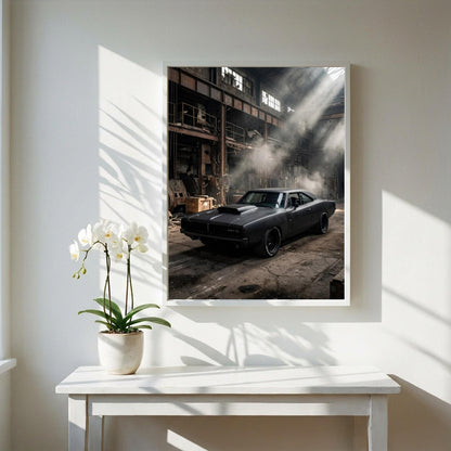 Black Muscle Car Print | Industrial Garage Decor | Dark Cinematic Poster | Edgy Mechanic Wall Art | Classic Vehicle Art