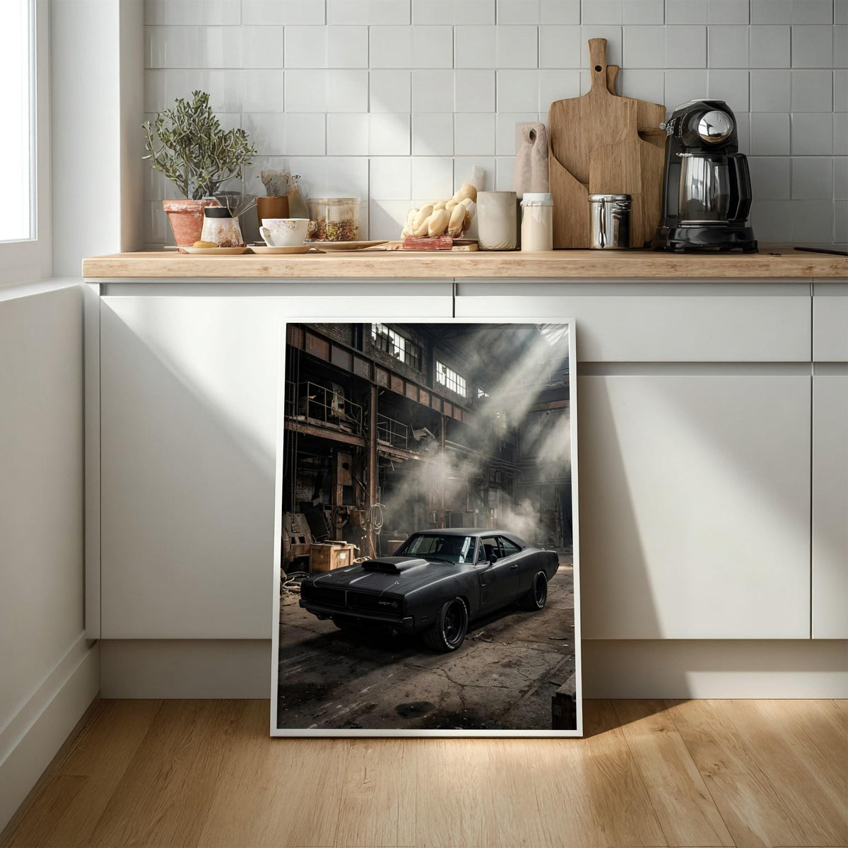 Black Muscle Car Print | Industrial Garage Decor | Dark Cinematic Poster | Edgy Mechanic Wall Art | Classic Vehicle Art
