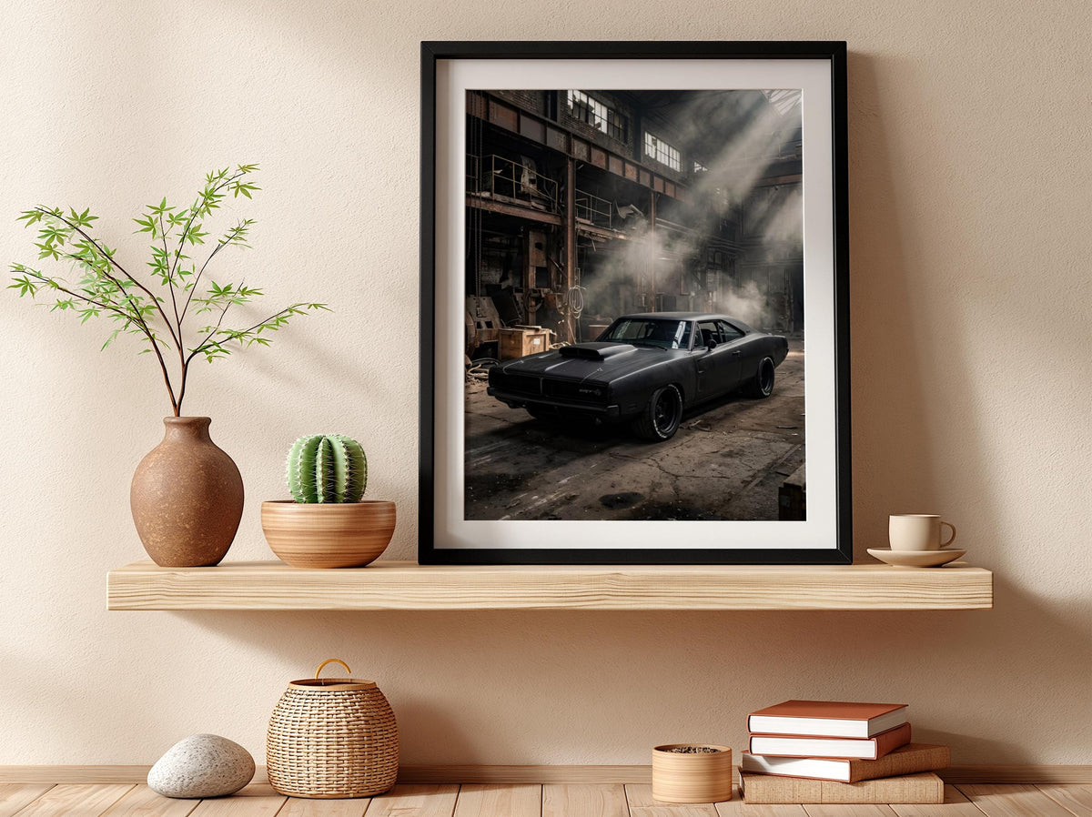 Black Muscle Car Print | Industrial Garage Decor | Dark Cinematic Poster | Edgy Mechanic Wall Art | Classic Vehicle Art