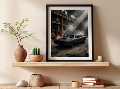 Black Muscle Car Print | Industrial Garage Decor | Dark Cinematic Poster | Edgy Mechanic Wall Art | Classic Vehicle Art