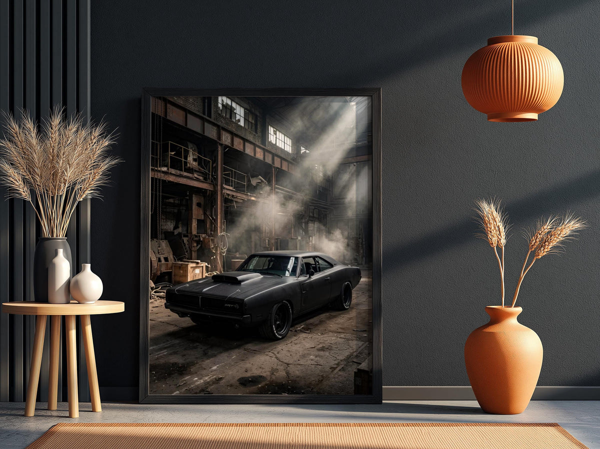 Black Muscle Car Print | Industrial Garage Decor | Dark Cinematic Poster | Edgy Mechanic Wall Art | Classic Vehicle Art