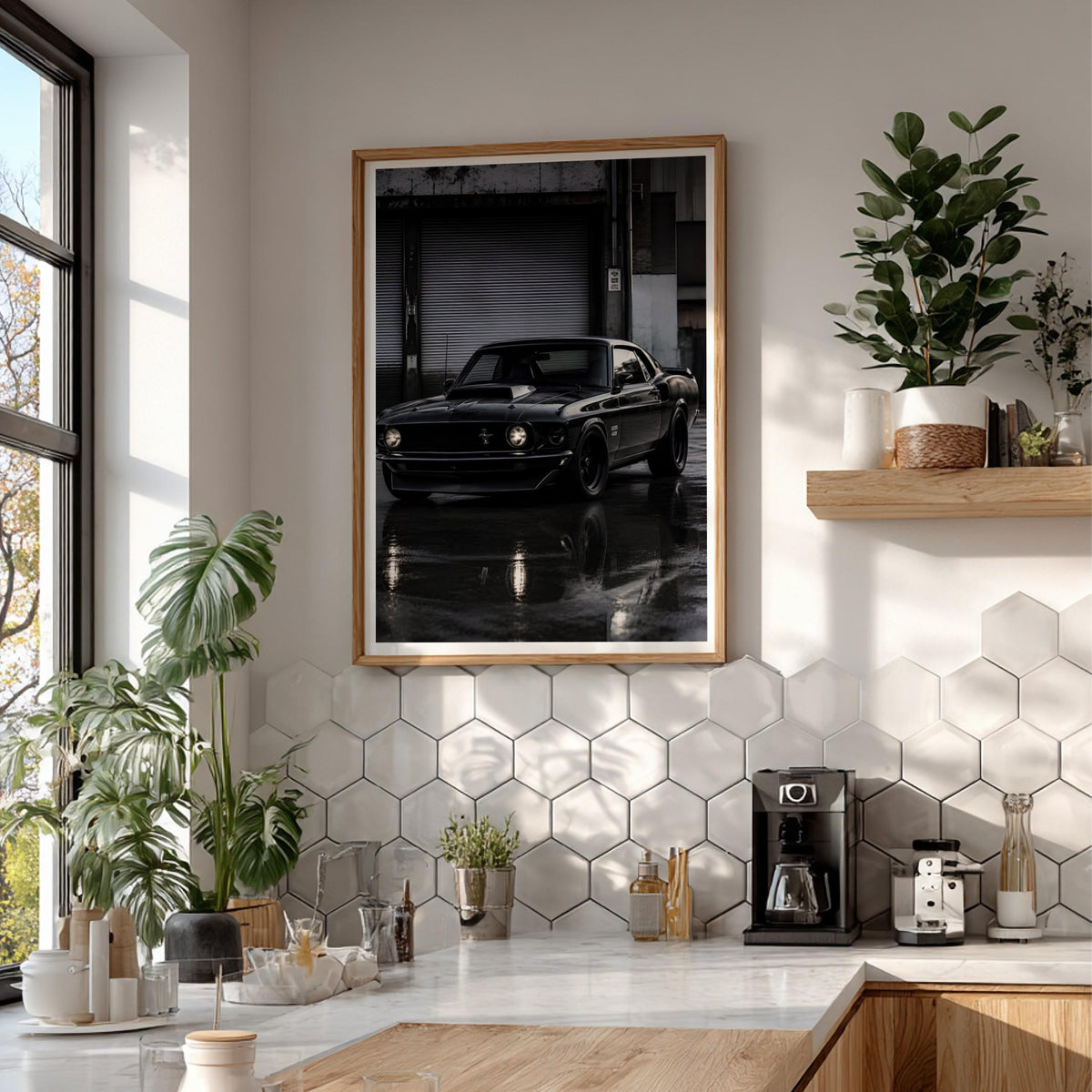 Black Mustang Print | Classic Muscle Car Art | Dark Urban Poster | Edgy Garage Decor | Moody Automotive Wall Art