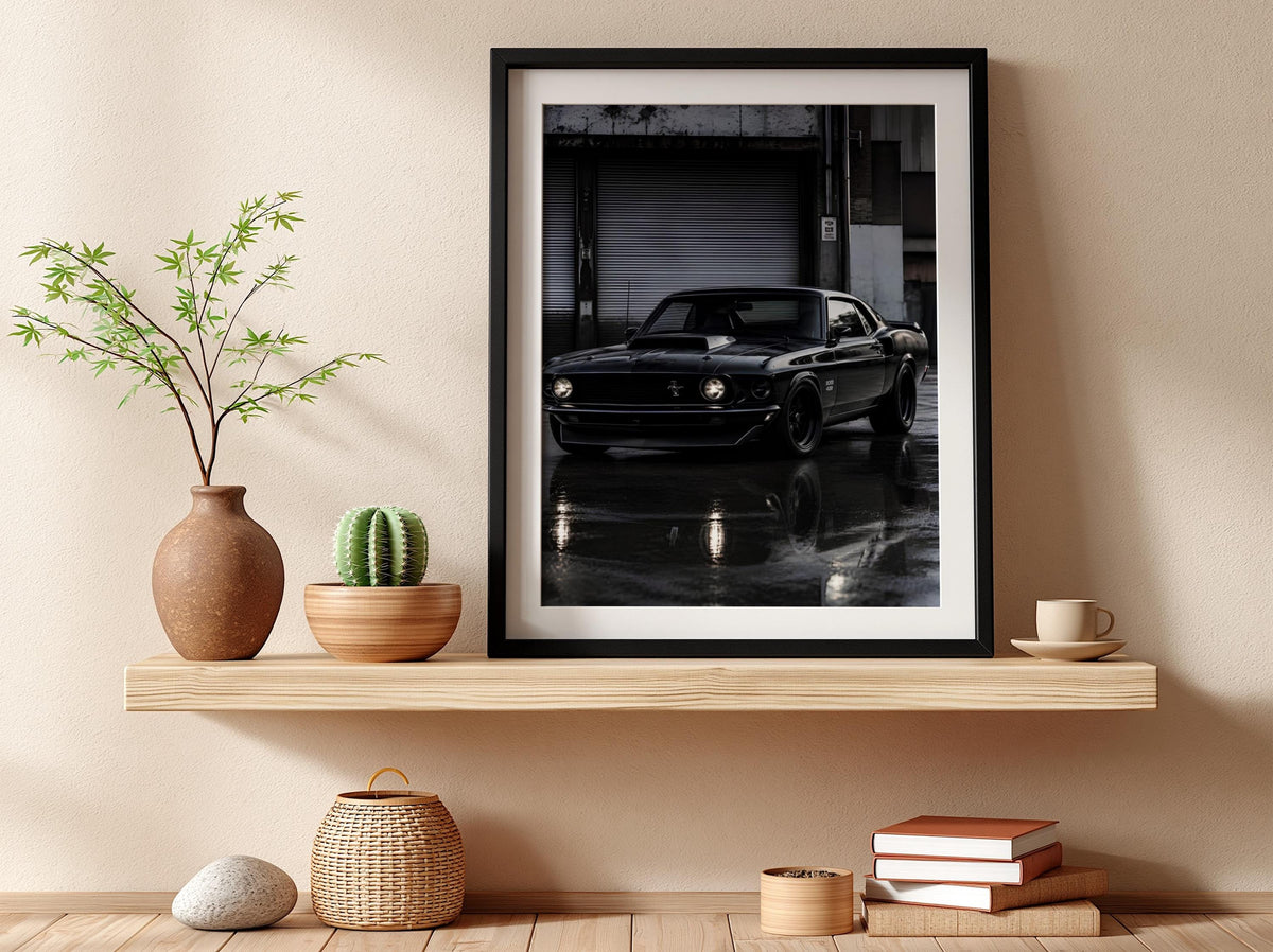 Black Mustang Print | Classic Muscle Car Art | Dark Urban Poster | Edgy Garage Decor | Moody Automotive Wall Art
