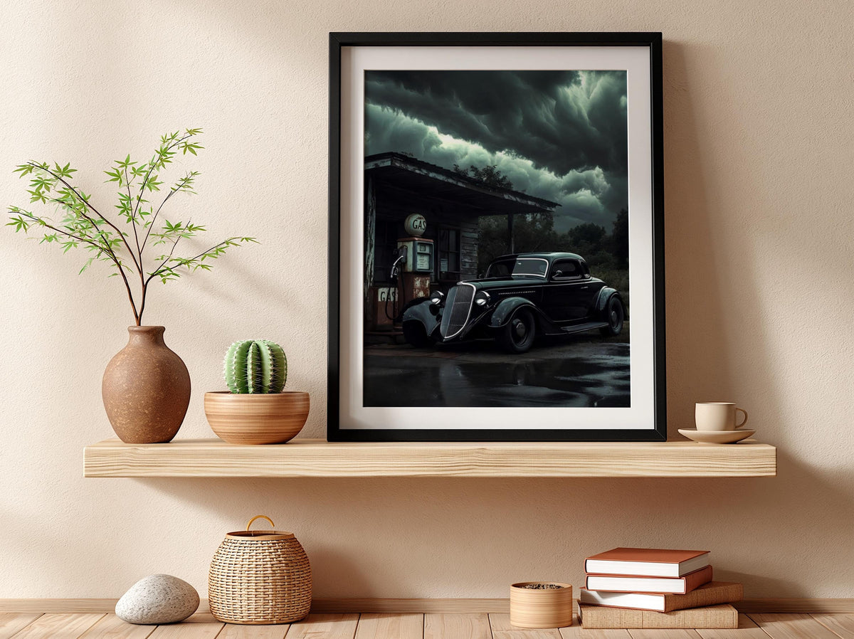 Dark Vintage Car Print | Stormy Gas Station Art | Edgy Garage Decor | Classic Hot Rod Poster | Moody Automotive Art