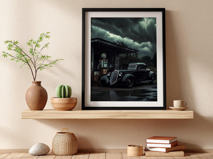 Dark Vintage Car Print | Stormy Gas Station Art | Edgy Garage Decor | Classic Hot Rod Poster | Moody Automotive Art