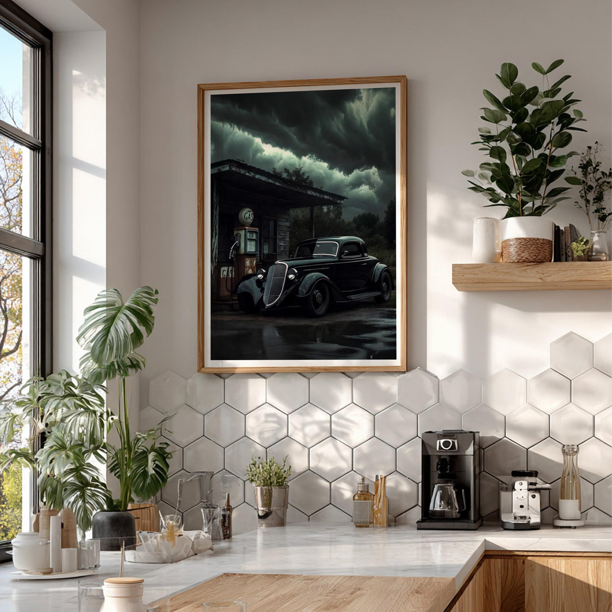 Dark Vintage Car Print | Stormy Gas Station Art | Edgy Garage Decor | Classic Hot Rod Poster | Moody Automotive Art