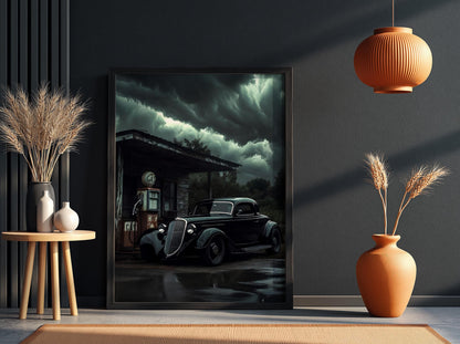 Dark Vintage Car Print | Stormy Gas Station Art | Edgy Garage Decor | Classic Hot Rod Poster | Moody Automotive Art