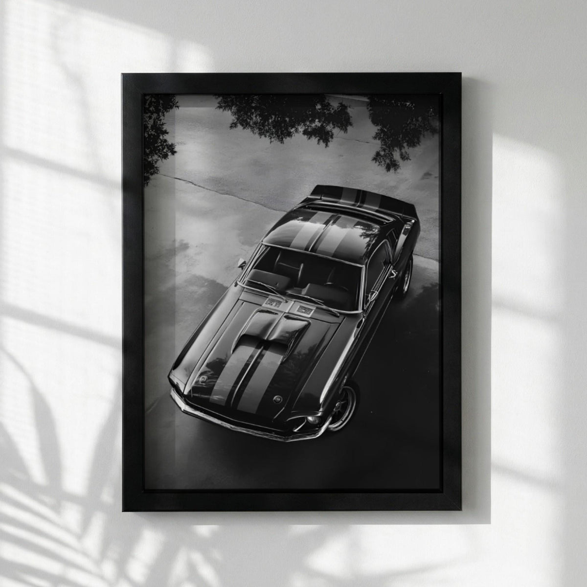 Black Muscle Car Print | High Angle Auto Poster | Classic Mustang Art | Edgy Garage Decor | Dark Cinematic Wall Art
