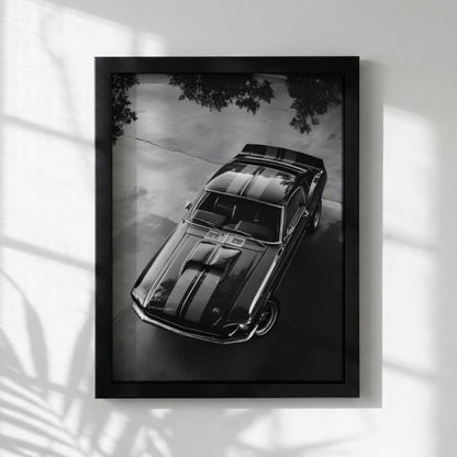 Black Muscle Car Print | High Angle Auto Poster | Classic Mustang Art | Edgy Garage Decor | Dark Cinematic Wall Art