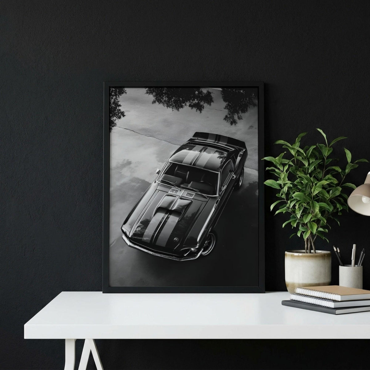 Black Muscle Car Print | High Angle Auto Poster | Classic Mustang Art | Edgy Garage Decor | Dark Cinematic Wall Art