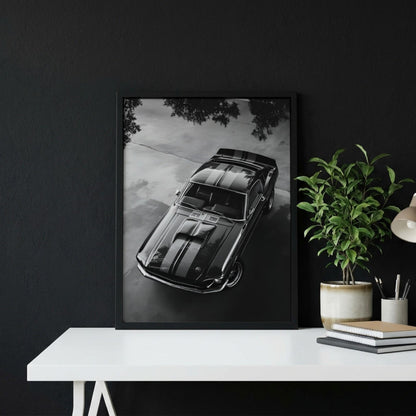 Black Muscle Car Print | High Angle Auto Poster | Classic Mustang Art | Edgy Garage Decor | Dark Cinematic Wall Art