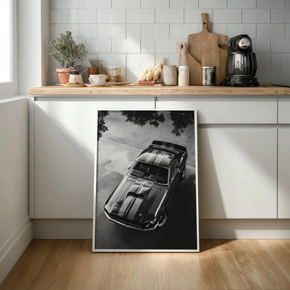 Black Muscle Car Print | High Angle Auto Poster | Classic Mustang Art | Edgy Garage Decor | Dark Cinematic Wall Art