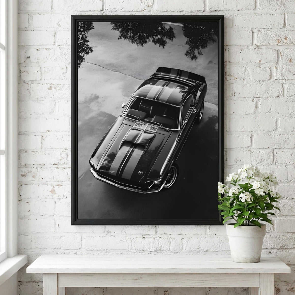 Black Muscle Car Print | High Angle Auto Poster | Classic Mustang Art | Edgy Garage Decor | Dark Cinematic Wall Art