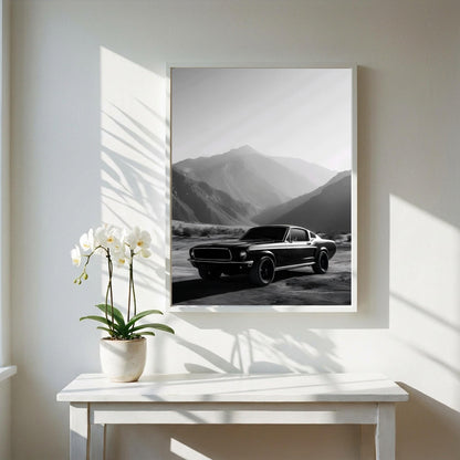 Classic Muscle Car Print | Mountain Landscape Wall Art | Dark Cinematic Poster | Edgy Garage Decor | Black and White Auto Art