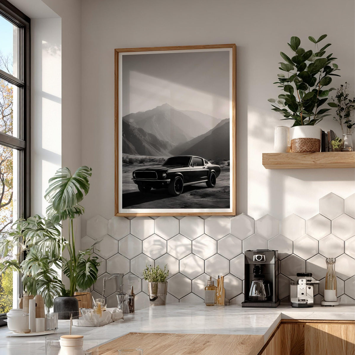 Classic Muscle Car Print | Mountain Landscape Wall Art | Dark Cinematic Poster | Edgy Garage Decor | Black and White Auto Art