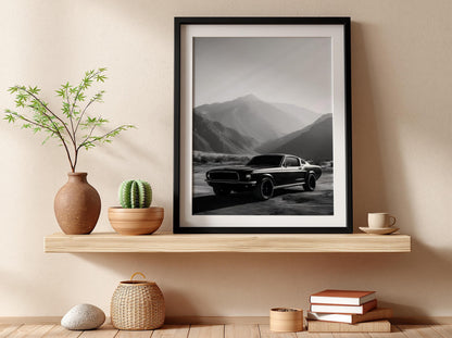 Classic Muscle Car Print | Mountain Landscape Wall Art | Dark Cinematic Poster | Edgy Garage Decor | Black and White Auto Art