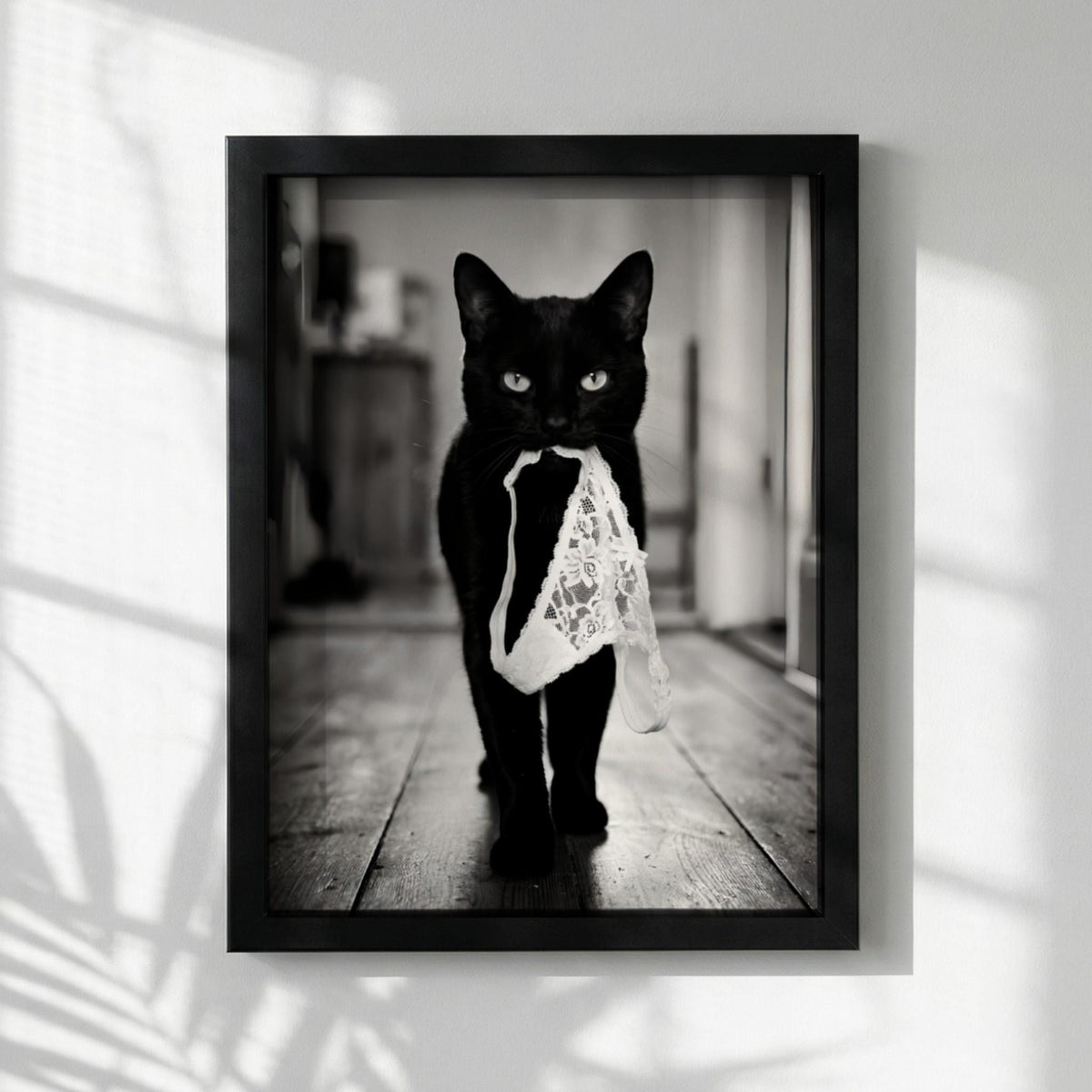 Black Cat Lingerie Print | Funny Cat Wall Art | Black and White Animal Poster | Quirky Pet Decor | Naughty Cat Print