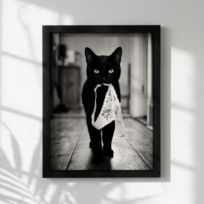 Black Cat Lingerie Print | Funny Cat Wall Art | Black and White Animal Poster | Quirky Pet Decor | Naughty Cat Print