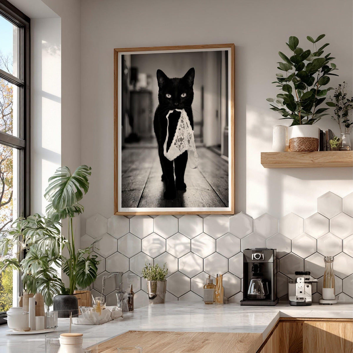 Black Cat Lingerie Print | Funny Cat Wall Art | Black and White Animal Poster | Quirky Pet Decor | Naughty Cat Print