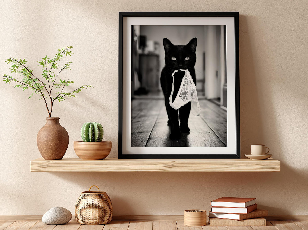 Black Cat Lingerie Print | Funny Cat Wall Art | Black and White Animal Poster | Quirky Pet Decor | Naughty Cat Print