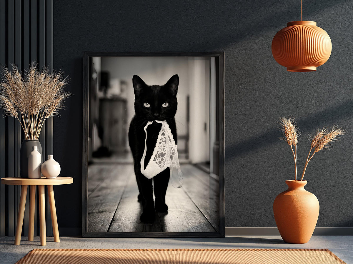 Black Cat Lingerie Print | Funny Cat Wall Art | Black and White Animal Poster | Quirky Pet Decor | Naughty Cat Print