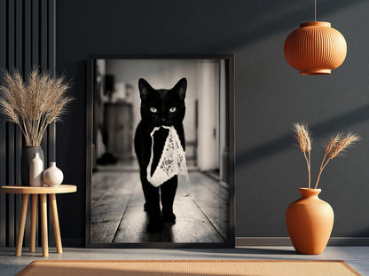 Black Cat Lingerie Print | Funny Cat Wall Art | Black and White Animal Poster | Quirky Pet Decor | Naughty Cat Print