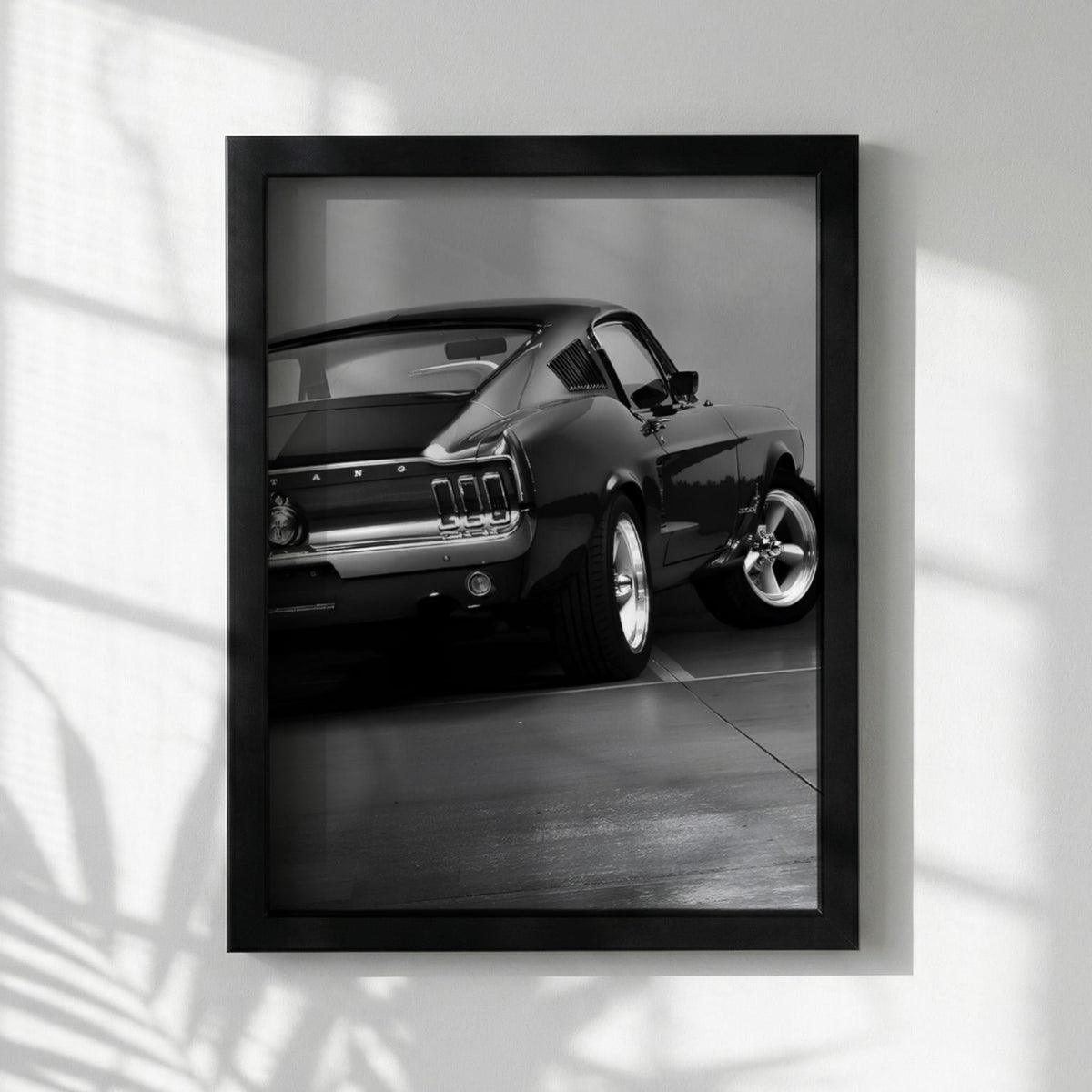 Classic Mustang Fastback Print | Black and White Muscle Car Art | Rear View Auto Poster | Edgy Garage Decor | Dark Cinematic Wall Art