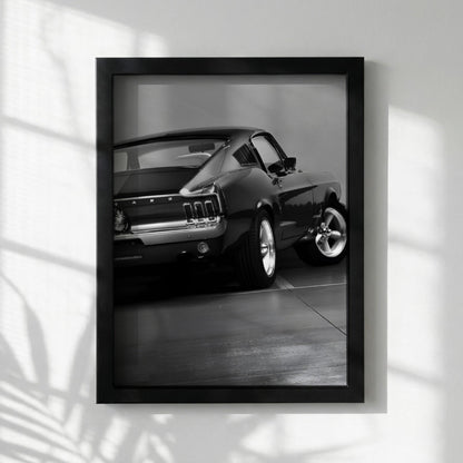 Classic Mustang Fastback Print | Black and White Muscle Car Art | Rear View Auto Poster | Edgy Garage Decor | Dark Cinematic Wall Art