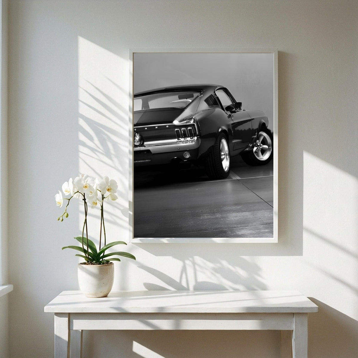 Classic Mustang Fastback Print | Black and White Muscle Car Art | Rear View Auto Poster | Edgy Garage Decor | Dark Cinematic Wall Art