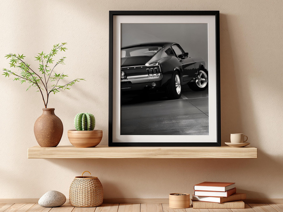 Classic Mustang Fastback Print | Black and White Muscle Car Art | Rear View Auto Poster | Edgy Garage Decor | Dark Cinematic Wall Art