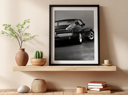 Classic Mustang Fastback Print | Black and White Muscle Car Art | Rear View Auto Poster | Edgy Garage Decor | Dark Cinematic Wall Art