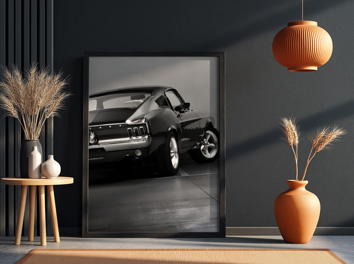 Classic Mustang Fastback Print | Black and White Muscle Car Art | Rear View Auto Poster | Edgy Garage Decor | Dark Cinematic Wall Art