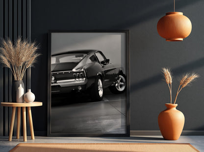 Classic Mustang Fastback Print | Black and White Muscle Car Art | Rear View Auto Poster | Edgy Garage Decor | Dark Cinematic Wall Art
