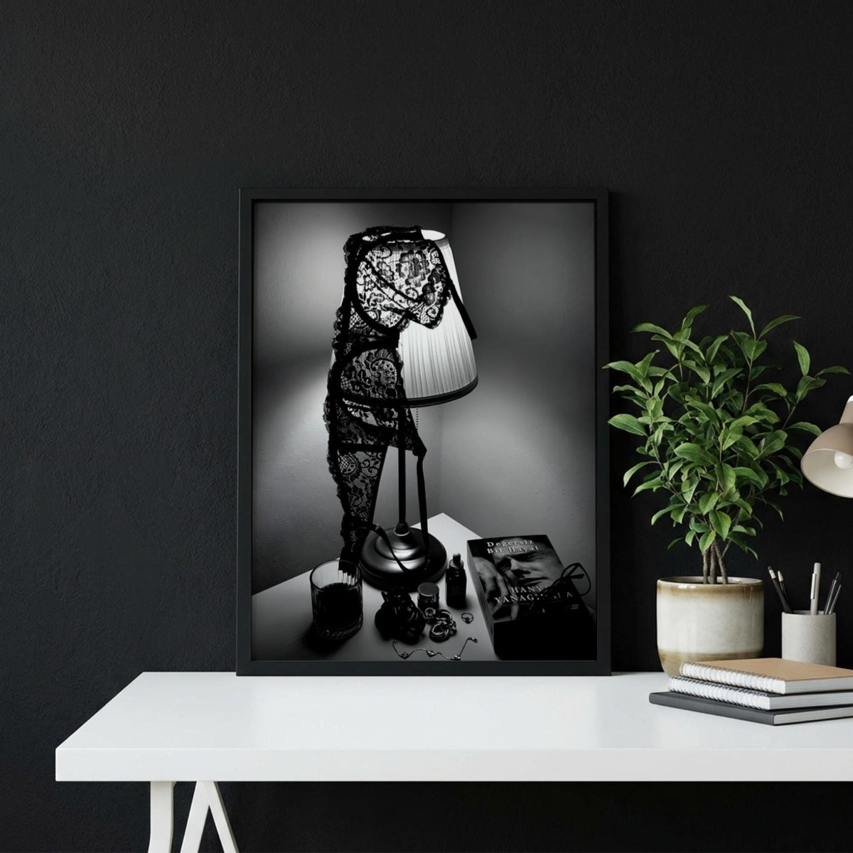 Dark Academia Wall Art | Lingerie on Lamp Print | Black and White Bedroom Decor | Moody Aesthetic Poster | Boss Lady Decor