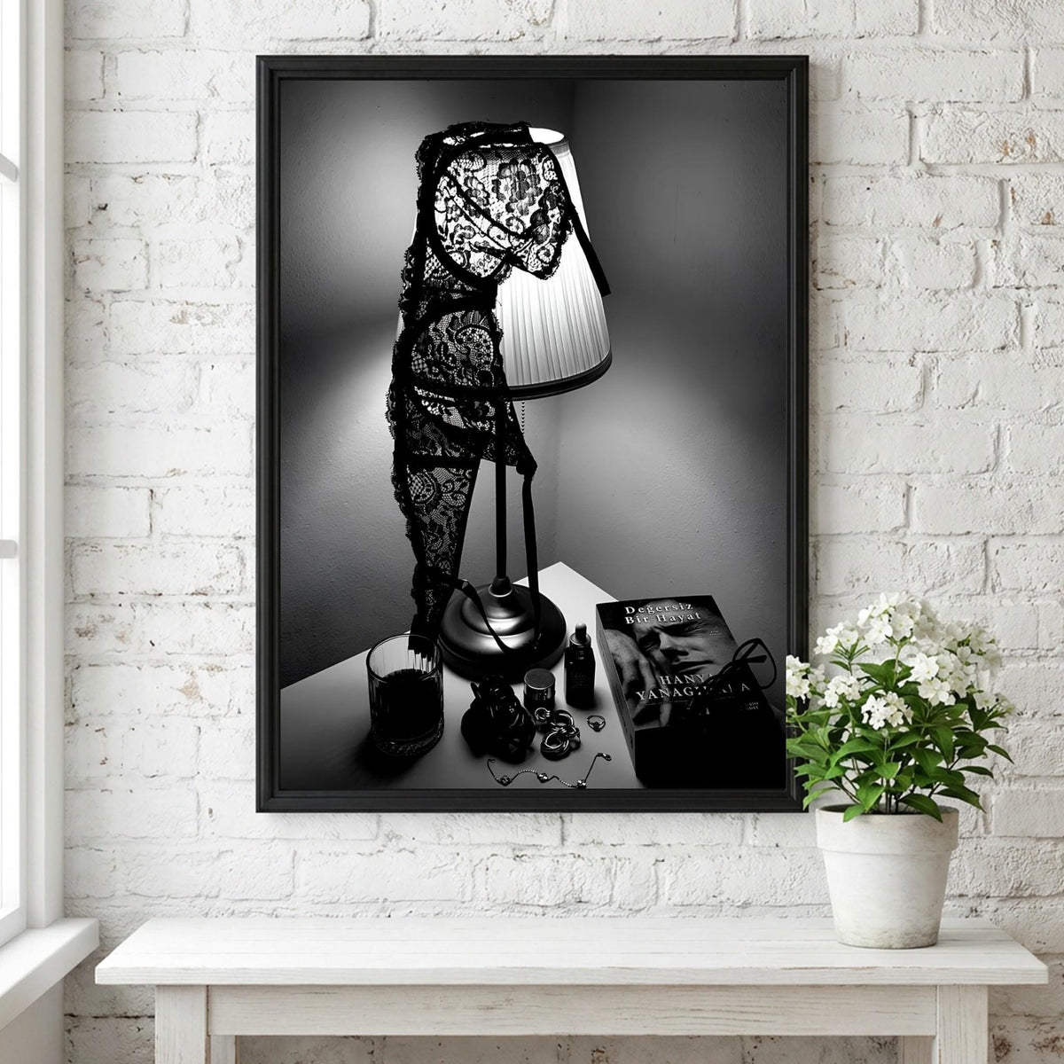 Dark Academia Wall Art | Lingerie on Lamp Print | Black and White Bedroom Decor | Moody Aesthetic Poster | Boss Lady Decor