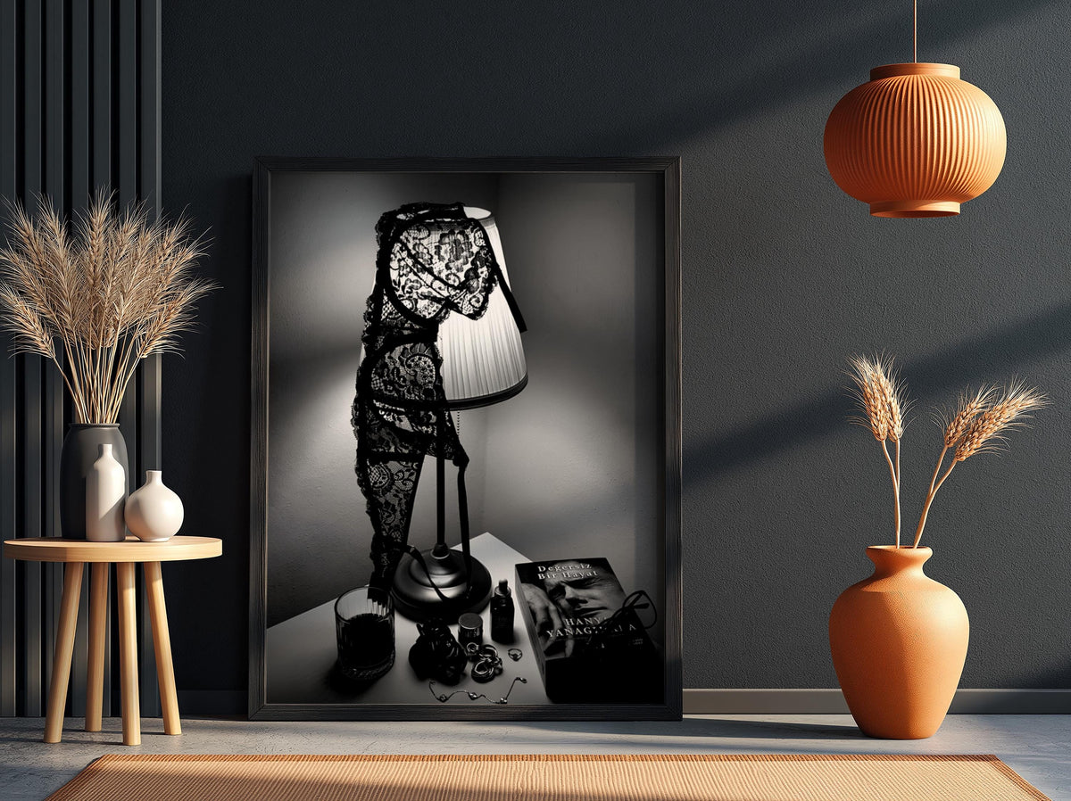 Dark Academia Wall Art | Lingerie on Lamp Print | Black and White Bedroom Decor | Moody Aesthetic Poster | Boss Lady Decor