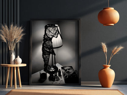 Dark Academia Wall Art | Lingerie on Lamp Print | Black and White Bedroom Decor | Moody Aesthetic Poster | Boss Lady Decor